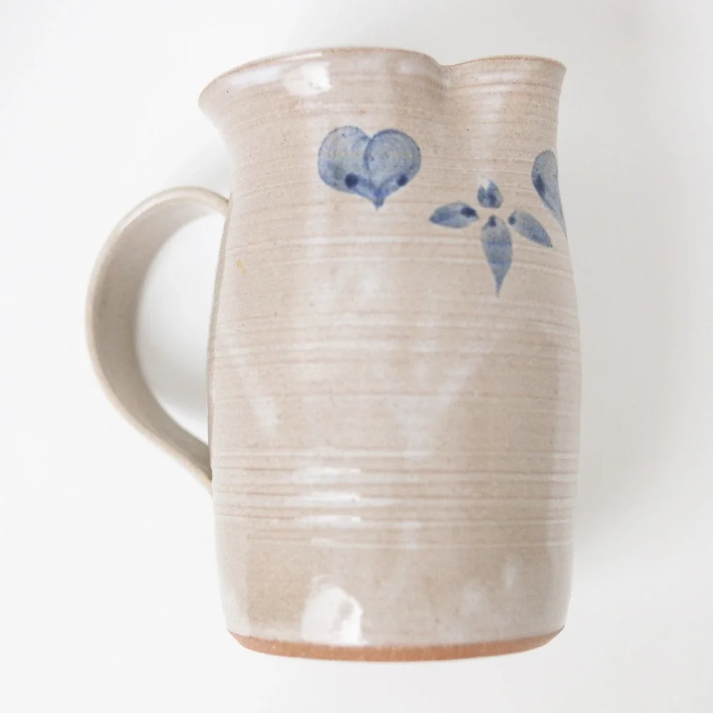 Vintage 1984 Buell Art Pottery Salt Glaze Pitcher Cobalt Hearts Flowers Signed